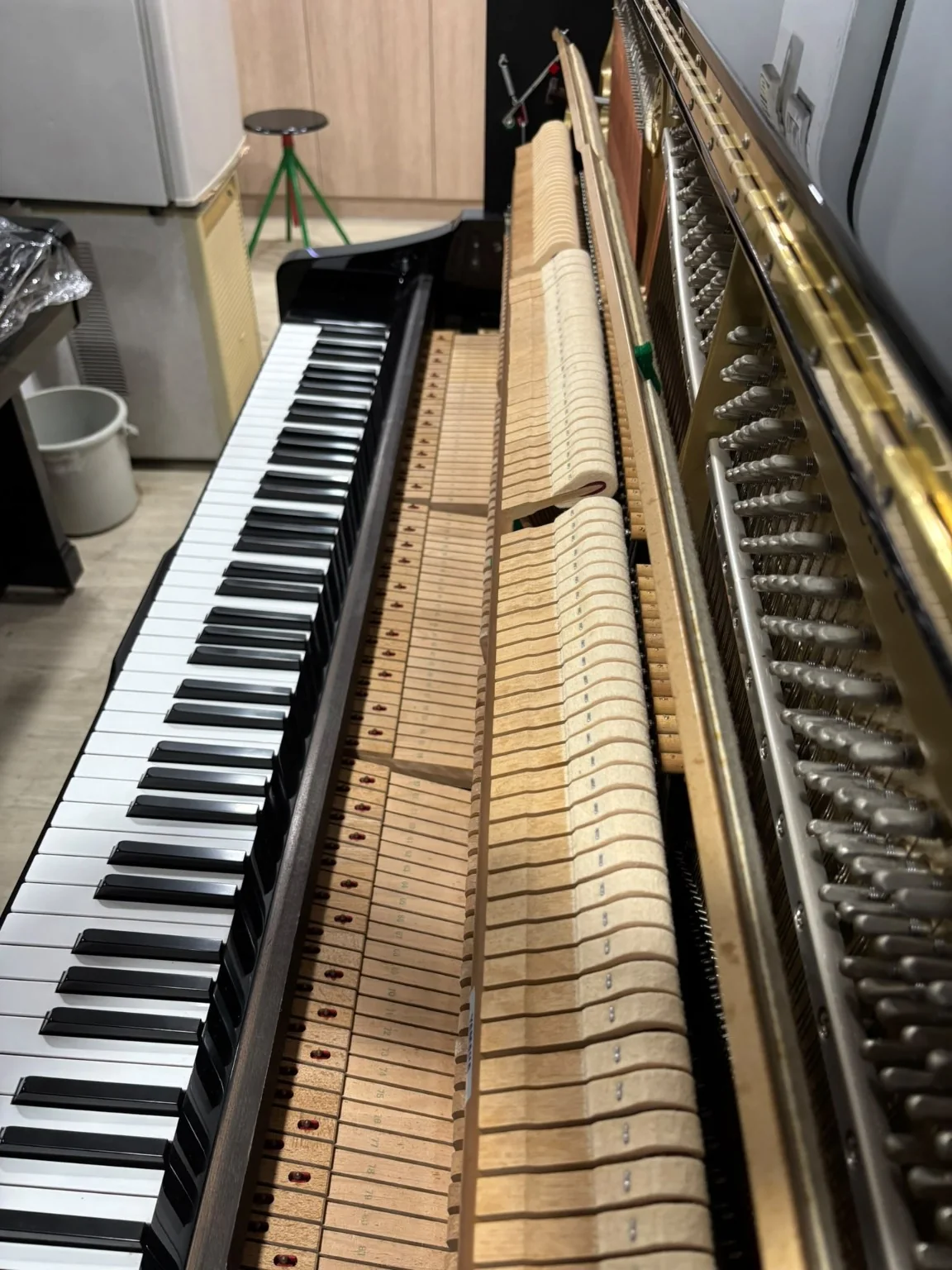 Side view of Yamaha U1J action, hammers, and strings